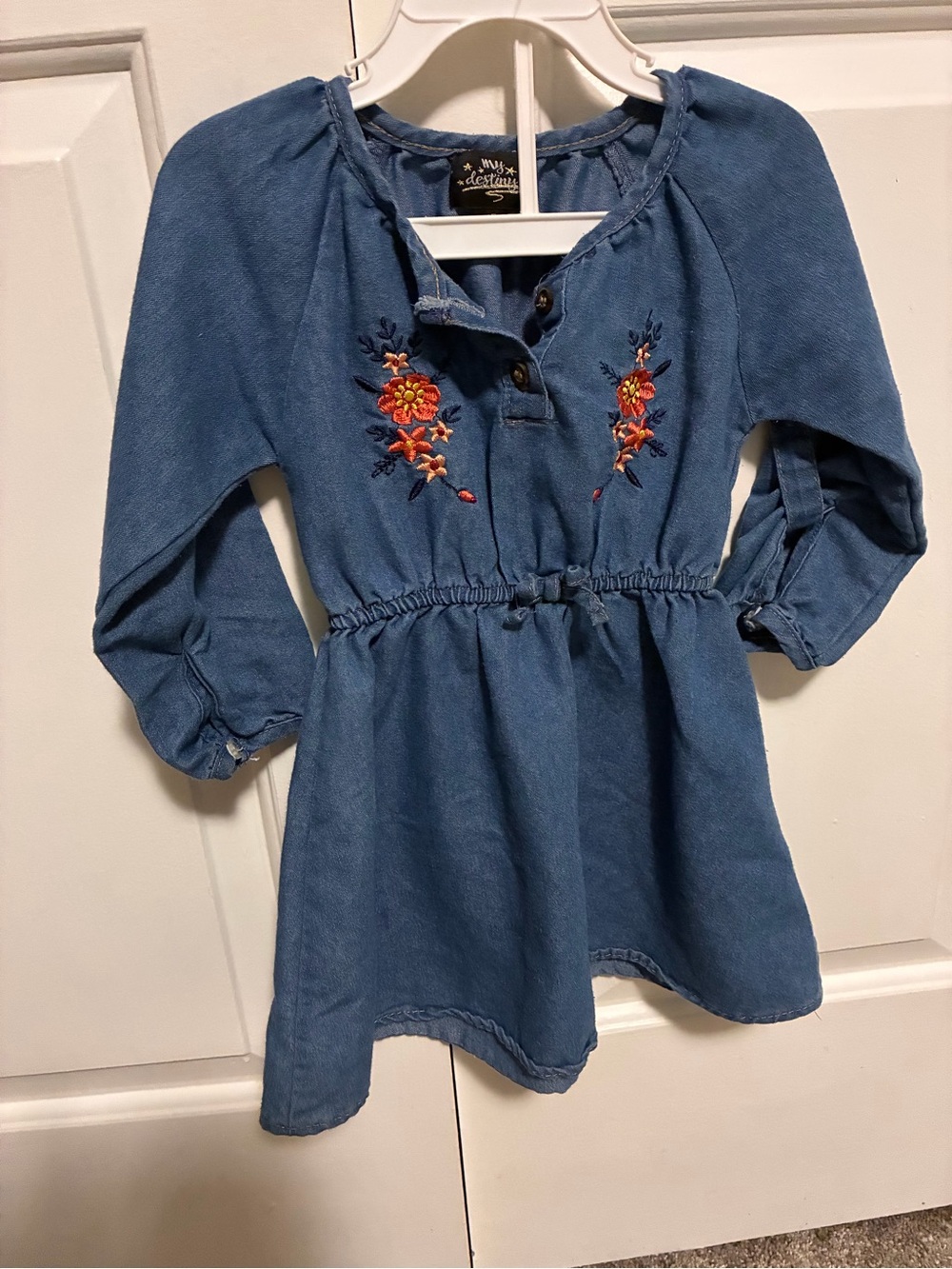 My Destiny Blue Denim Tunic Dress with Floral Embroidery